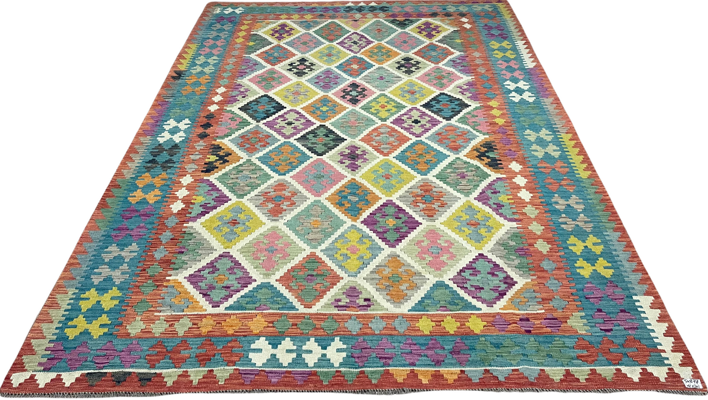 Colorful, Handwoven, Fine Afghan Maimana Kilim - Reversible Area Rug -9’ 12’’ x 6’ 7’’