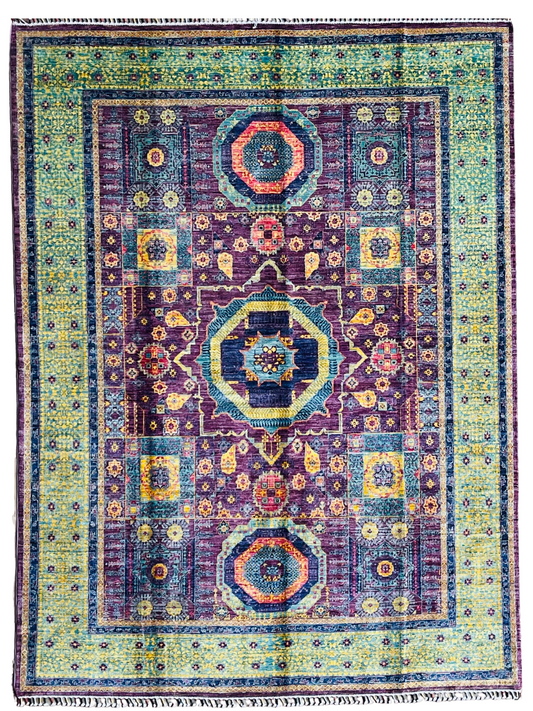 One of a Kind, Pure Wool, Naturally Dyed, Hand Knotted, Fine Afghan Tribal Mamluk Area Rug – 9’ 8’’ x 7’ 3’’