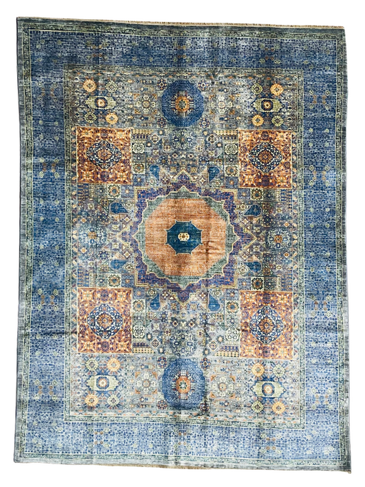 One of a Kind, Pure Wool, Naturally Dyed, Hand Knotted, Fine Afghan Tribal Mamluk Area Rug – 9’ 0’’ x 6’ 9’’