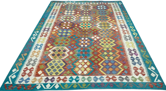 Colorful, Handwoven, Fine Afghan Maimana Kilim - Reversible Area Rug - 10’ 1’’ x 6’ 9’’