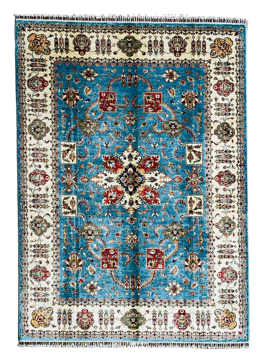 One of a Kind, Pure Wool, Naturally Dyed, Hand Knotted, Fine Afghan Traditional Chobi Area Rug – 9’ 6’’ x 6’ 10’’