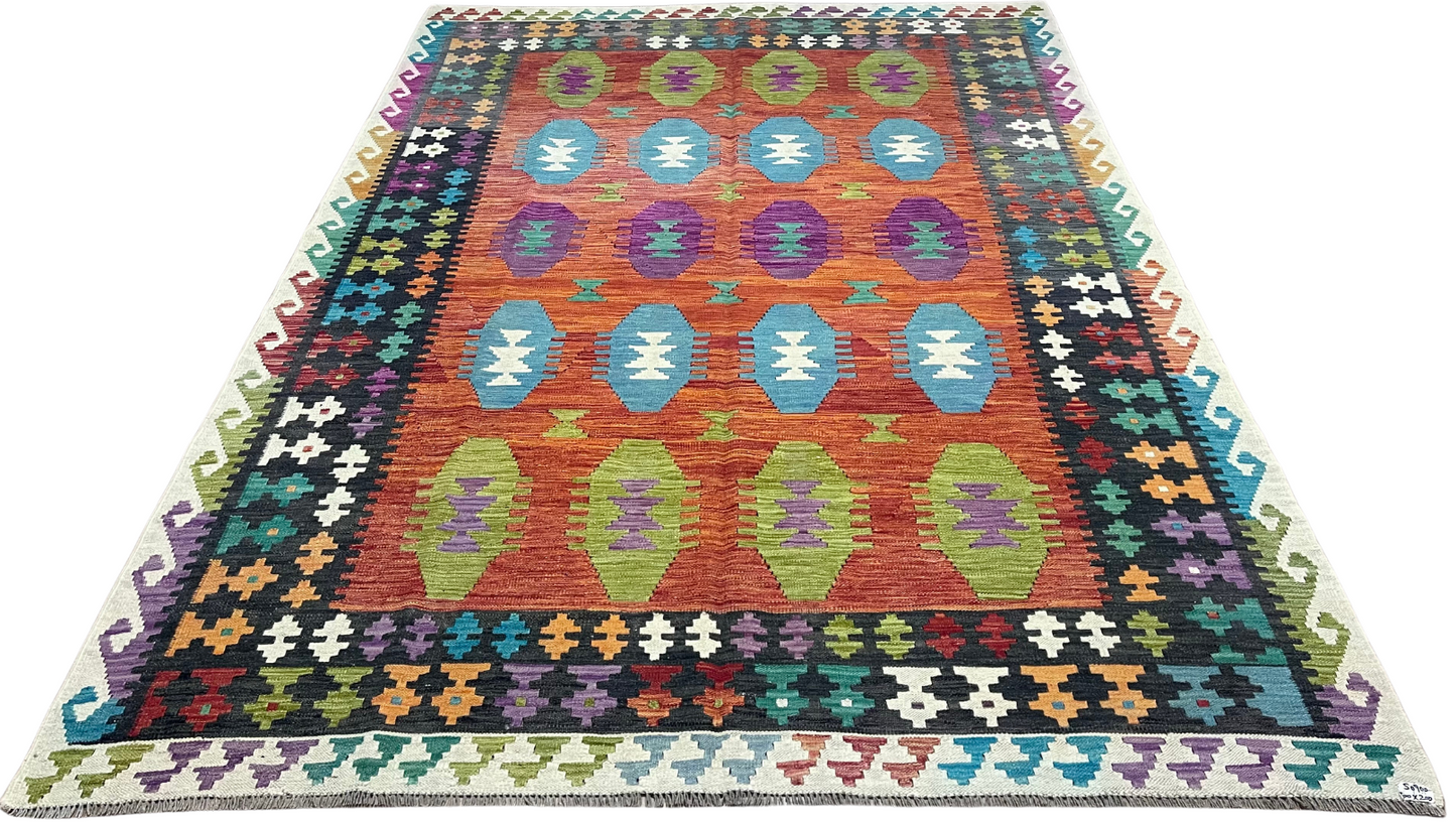 Colorful, Handwoven, Fine Afghan Maimana Kilim -Reversible Area Rug - 9’ 10’’ x 6’ 7’’