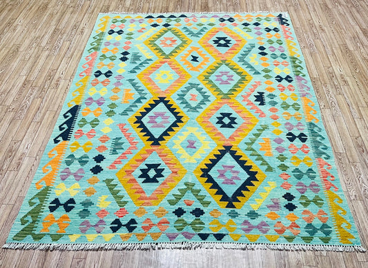 Colorful, Handwoven, Fine Afghan Maimana Kilim - Reversible Area Rug - 6’ 5’’ x 4’ 9’’