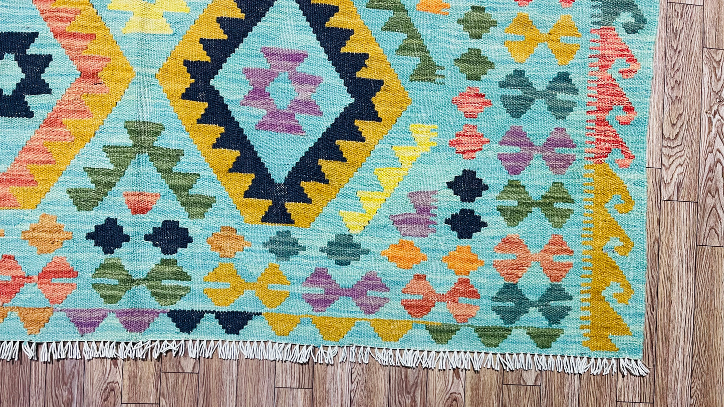 Colorful, Handwoven, Fine Afghan Maimana Kilim - Reversible Area Rug - 6’ 5’’ x 4’ 9’’