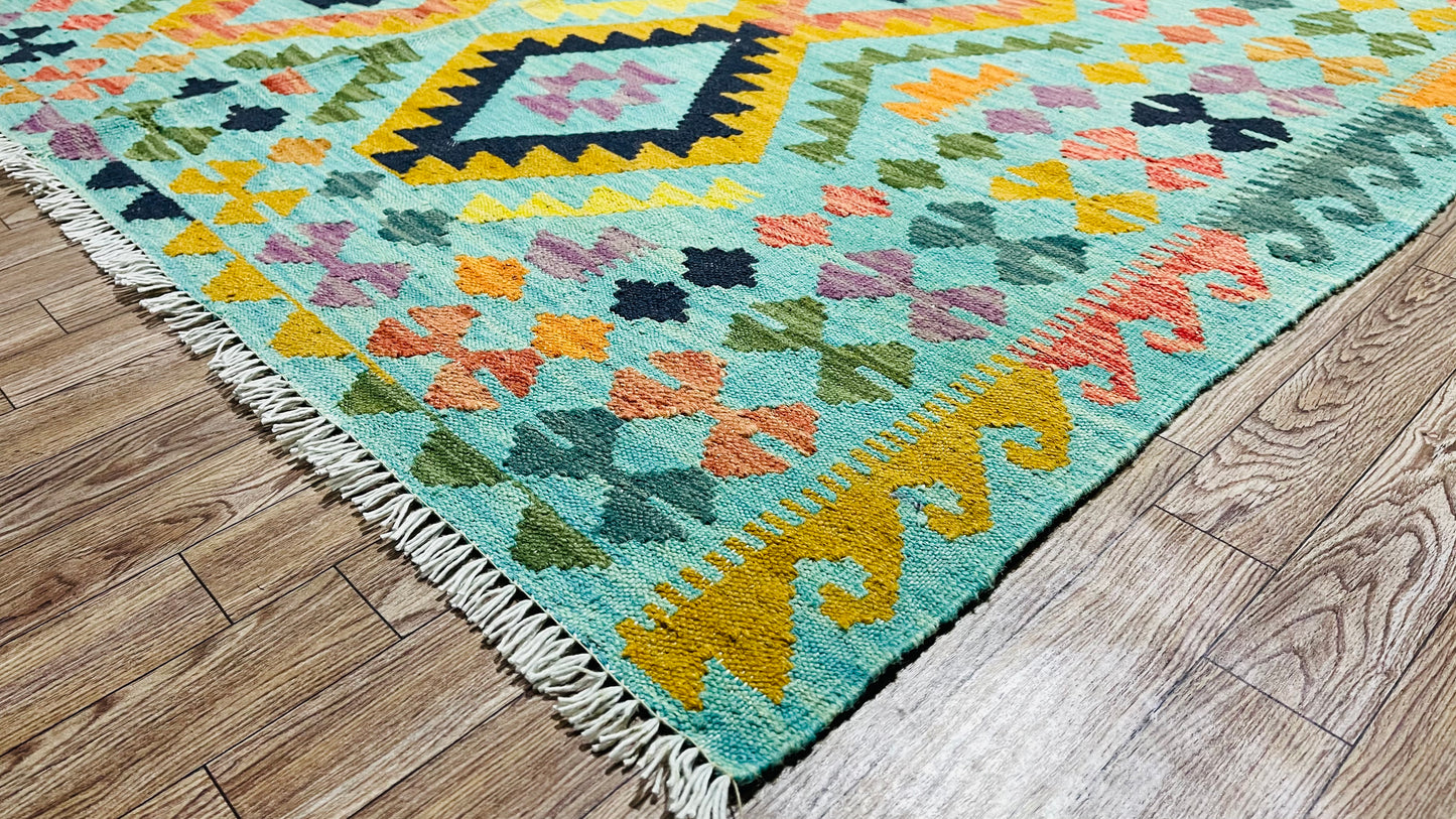 Colorful, Handwoven, Fine Afghan Maimana Kilim - Reversible Area Rug - 6’ 5’’ x 4’ 9’’