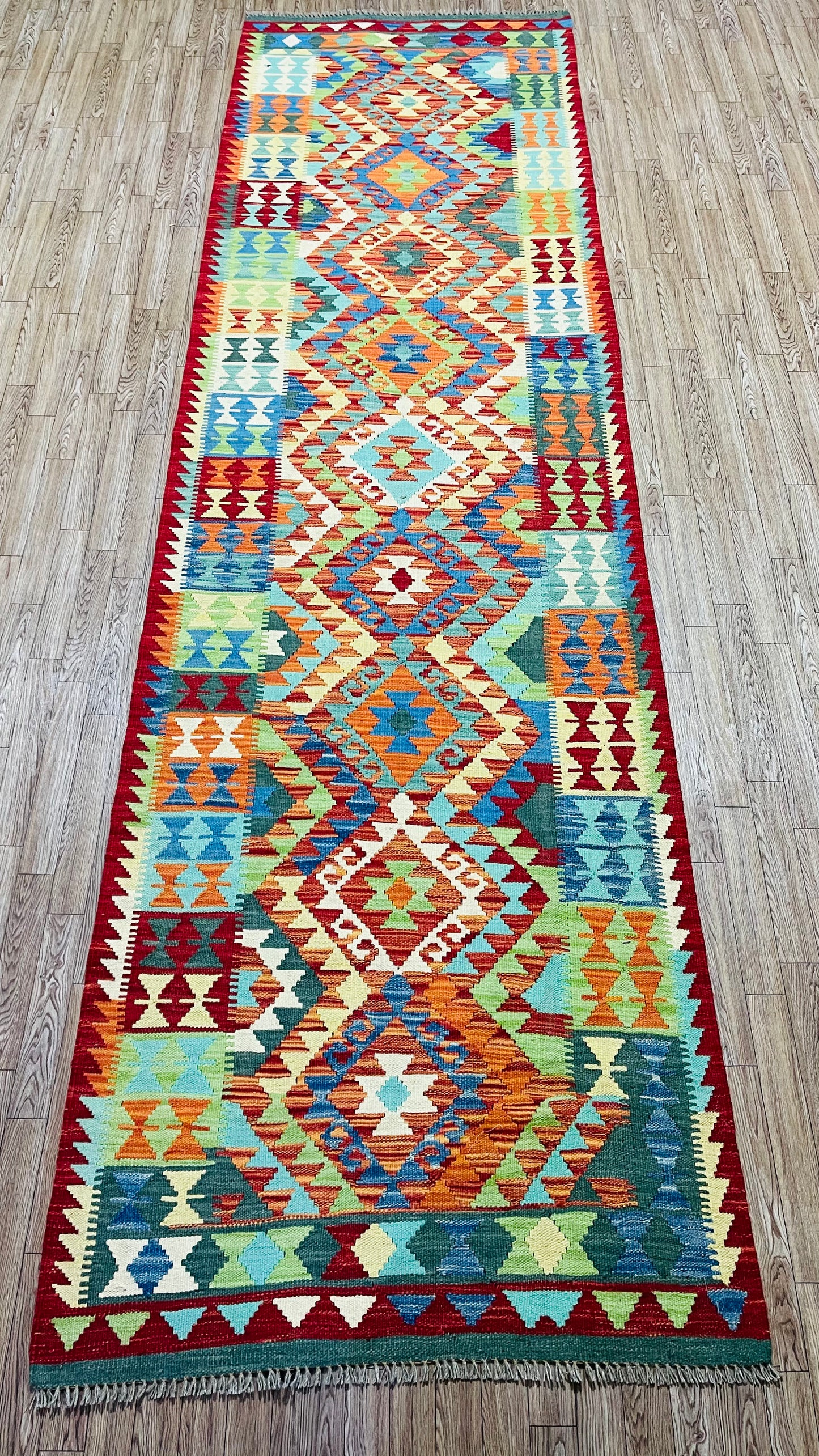 Colorful, Handwoven, Fine Afghan Maimana Kilim - Reversible Runner Rug - 9’ 10’’ x 2’ 9’’