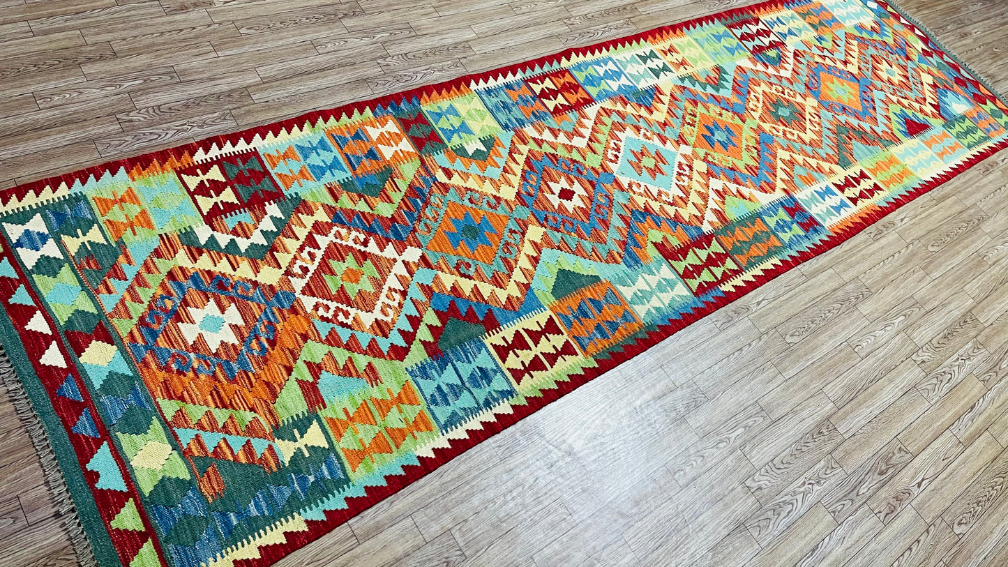 Colorful, Handwoven, Fine Afghan Maimana Kilim - Reversible Runner Rug - 9’ 10’’ x 2’ 9’’