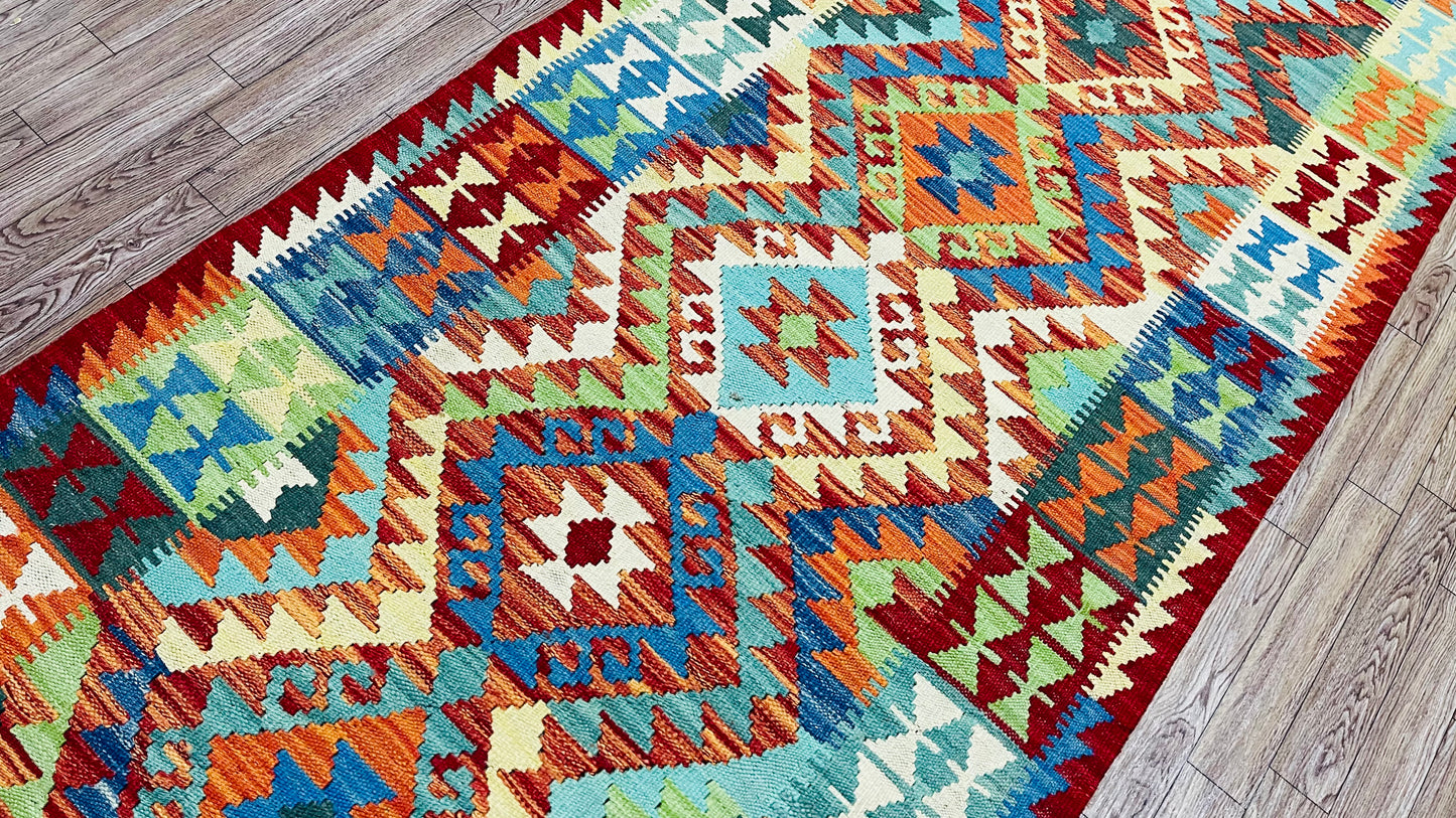 Colorful, Handwoven, Fine Afghan Maimana Kilim - Reversible Runner Rug - 9’ 10’’ x 2’ 9’’