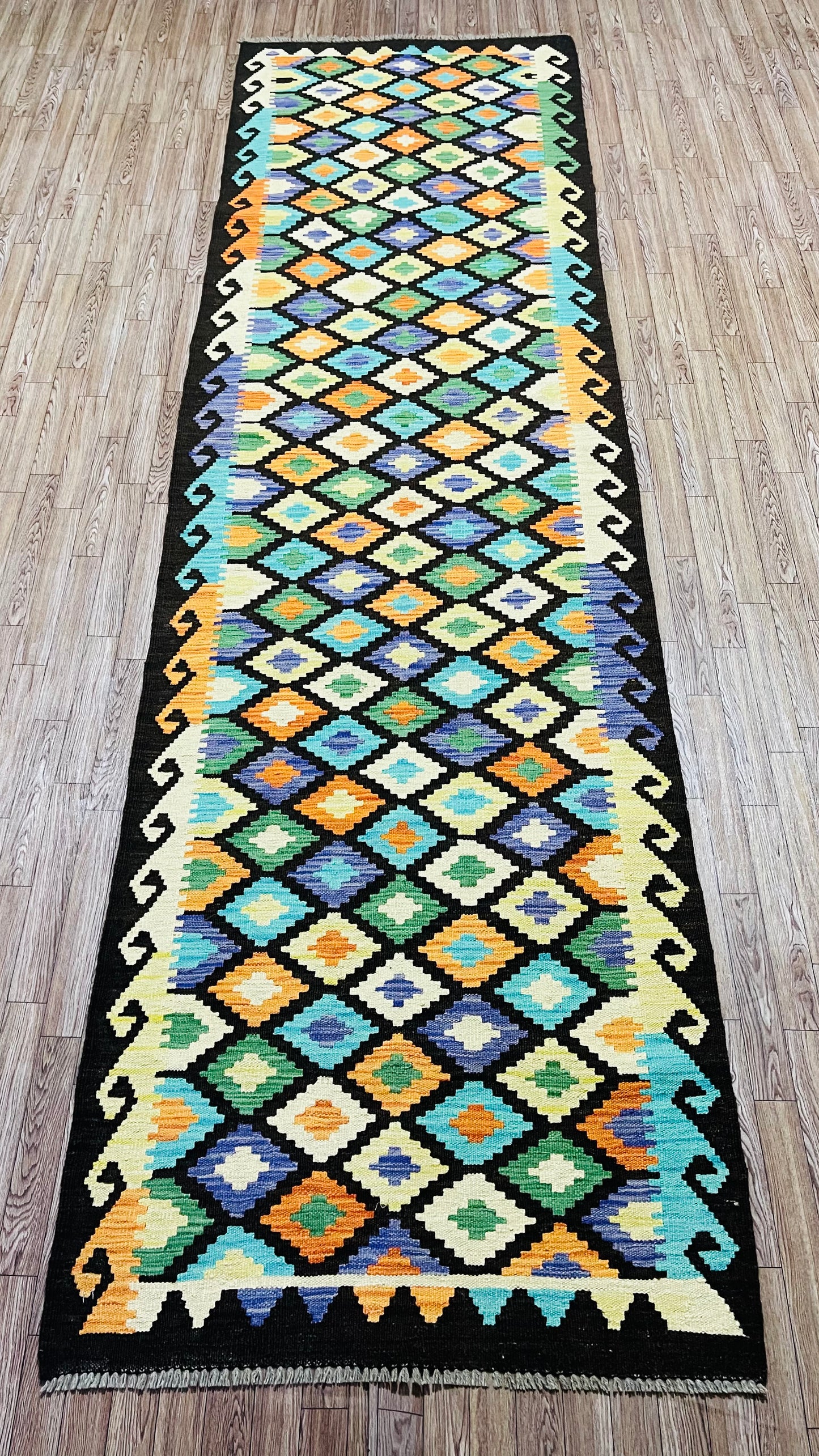 Colorful, Handwoven, Fine Afghan Maimana Kilim - Reversible Runner Rug - 9’ 8’’ x 2’ 9’’