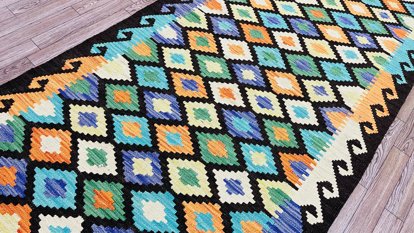 Colorful, Handwoven, Fine Afghan Maimana Kilim - Reversible Runner Rug - 9’ 8’’ x 2’ 9’’