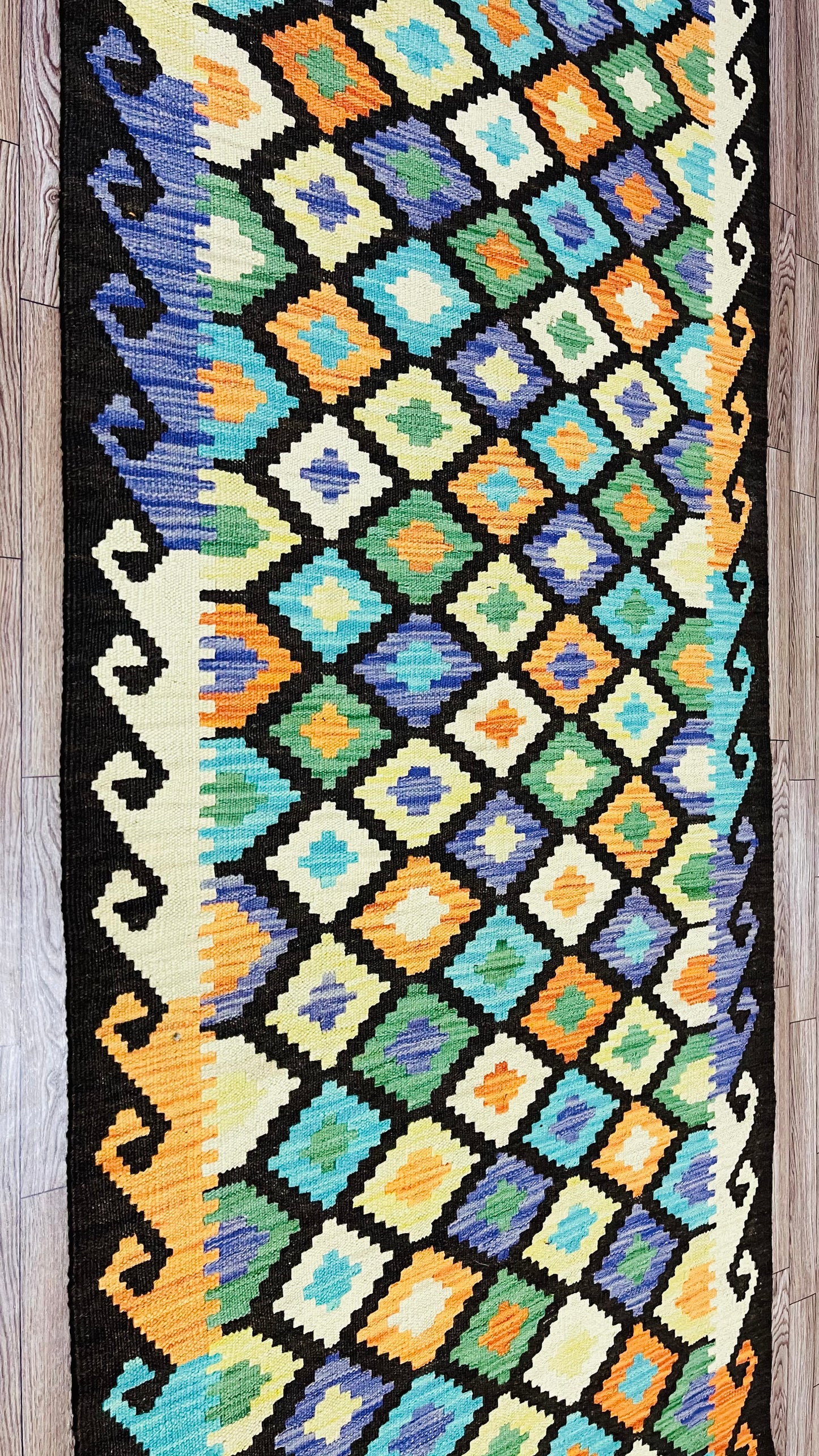 Colorful, Handwoven, Fine Afghan Maimana Kilim - Reversible Runner Rug - 9’ 8’’ x 2’ 9’’