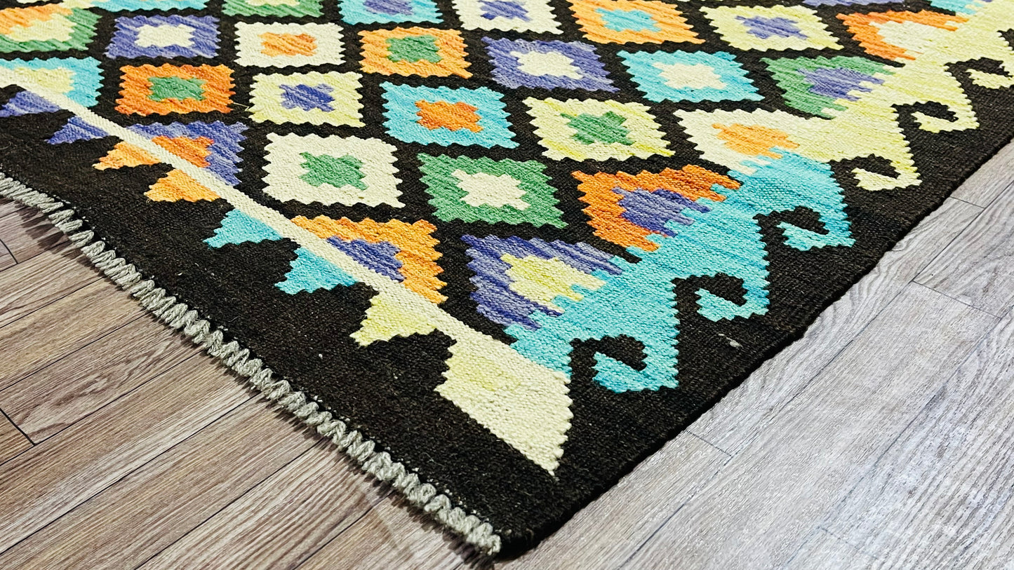 Colorful, Handwoven, Fine Afghan Maimana Kilim - Reversible Runner Rug - 9’ 8’’ x 2’ 9’’