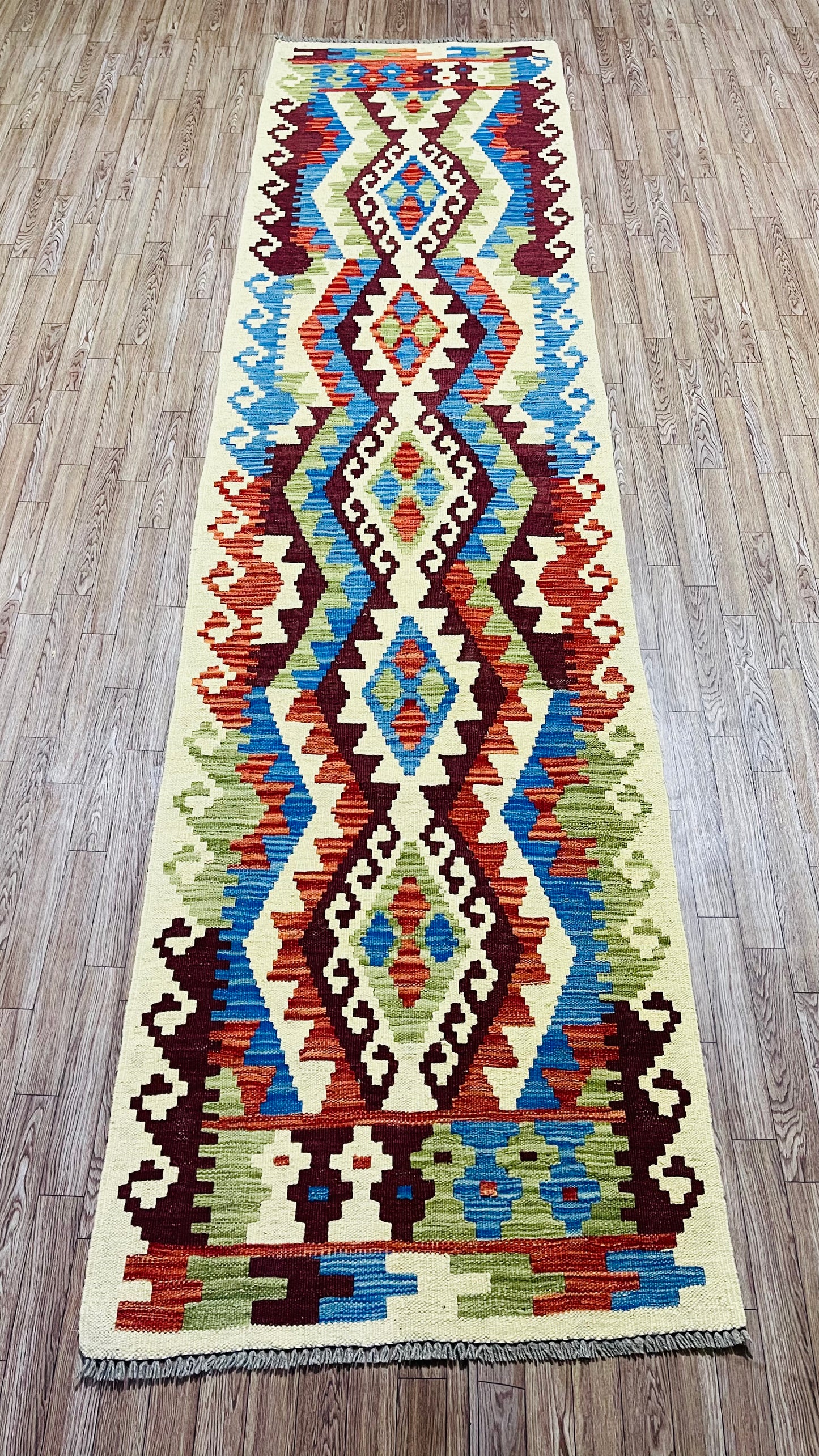 Colorful, Handwoven, Fine Afghan Maimana Kilim - Reversible Runner Rug - 9’ 5’’ x 2’ 5’’