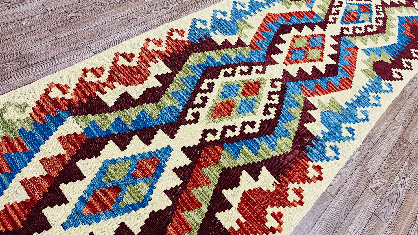 Colorful, Handwoven, Fine Afghan Maimana Kilim - Reversible Runner Rug - 9’ 5’’ x 2’ 5’’