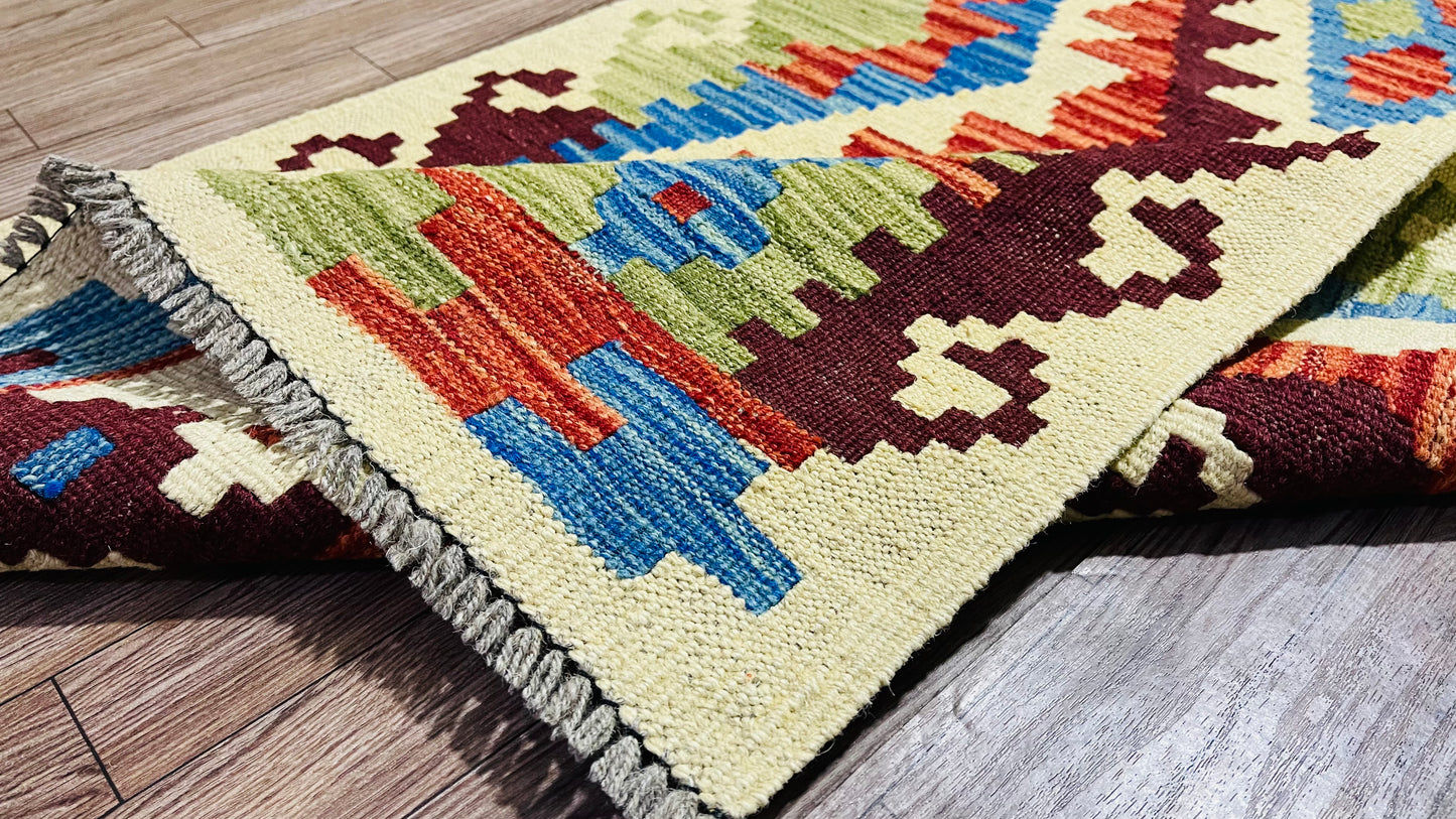 Colorful, Handwoven, Fine Afghan Maimana Kilim - Reversible Runner Rug - 9’ 5’’ x 2’ 5’’