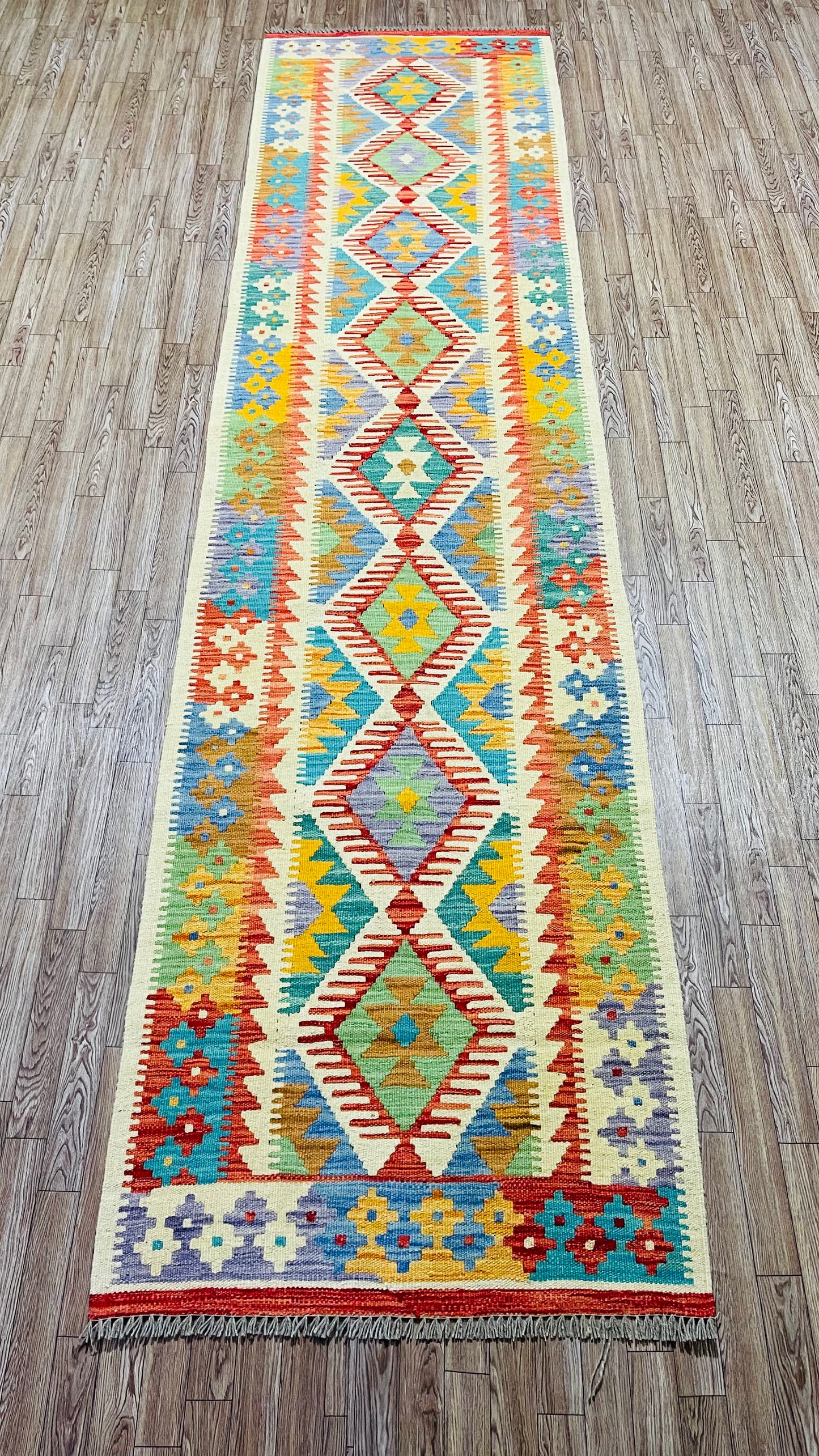 Colorful, Handwoven, Fine Afghan Maimana Kilim - Reversible Runner Rug - 9’ 8’’ x 2’ 5’’