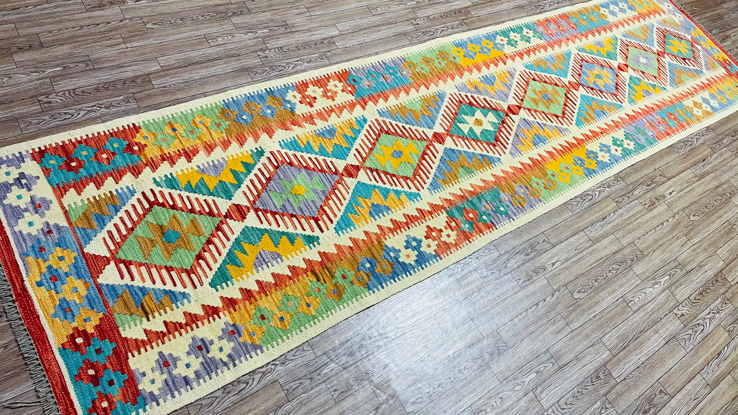 Colorful, Handwoven, Fine Afghan Maimana Kilim - Reversible Runner Rug - 9’ 8’’ x 2’ 5’’