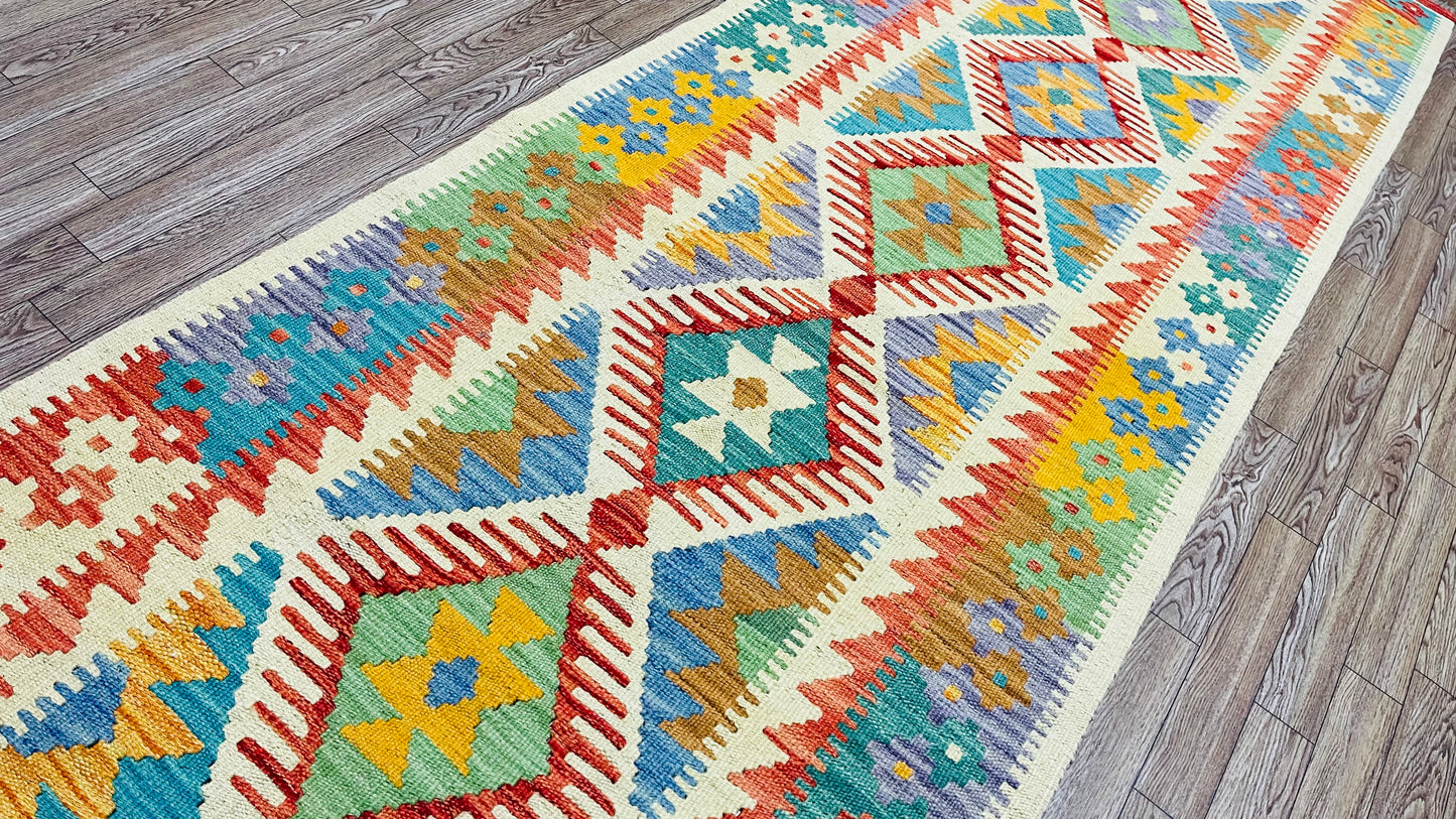 Colorful, Handwoven, Fine Afghan Maimana Kilim - Reversible Runner Rug - 9’ 8’’ x 2’ 5’’