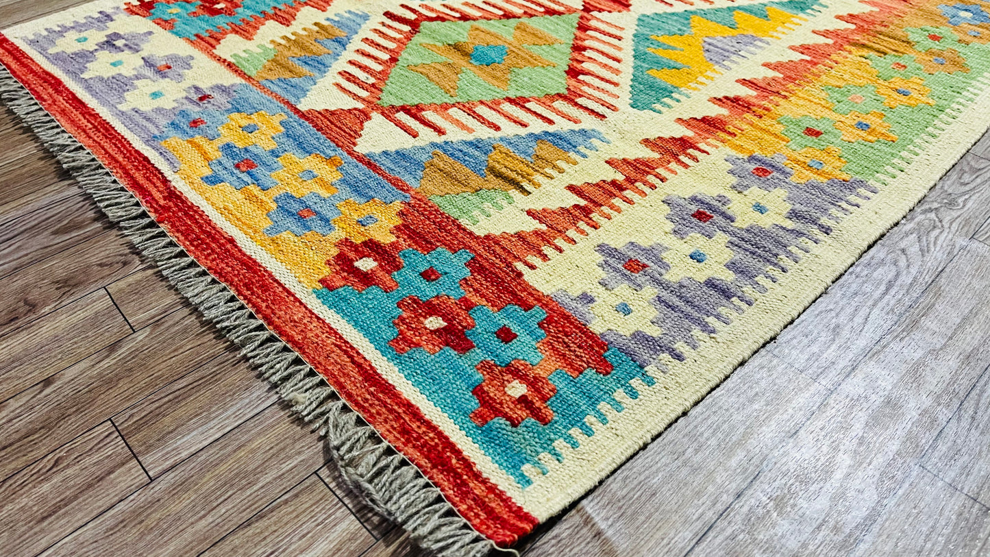 Colorful, Handwoven, Fine Afghan Maimana Kilim - Reversible Runner Rug - 9’ 8’’ x 2’ 5’’