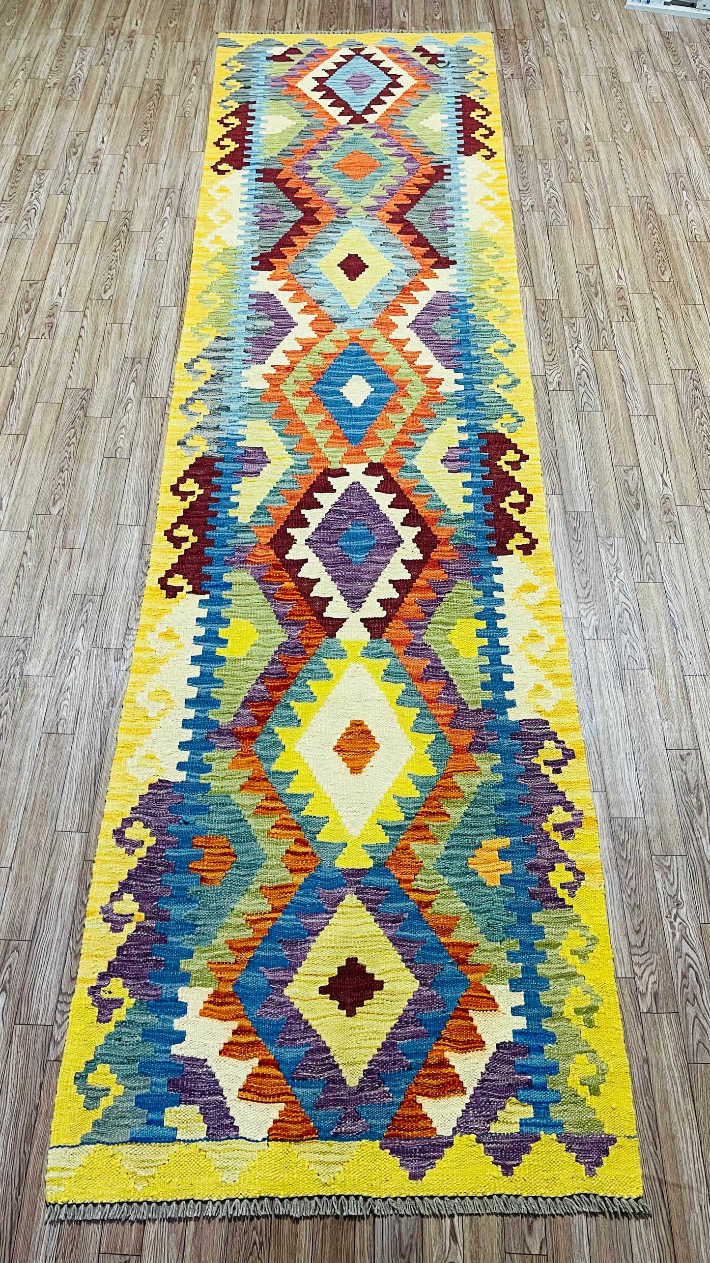 Colorful, Handwoven, Fine Afghan Maimana Kilim - Reversible Runner Rug - 9’ 9’’ x 2’ 6’’