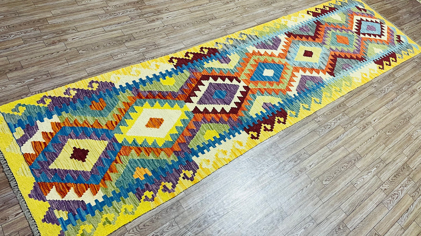 Colorful, Handwoven, Fine Afghan Maimana Kilim - Reversible Runner Rug - 9’ 9’’ x 2’ 6’’