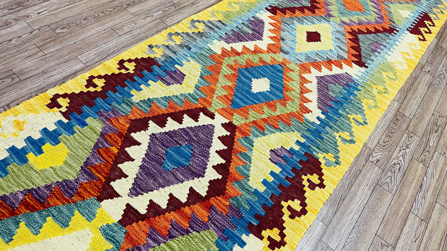 Colorful, Handwoven, Fine Afghan Maimana Kilim - Reversible Runner Rug - 9’ 9’’ x 2’ 6’’