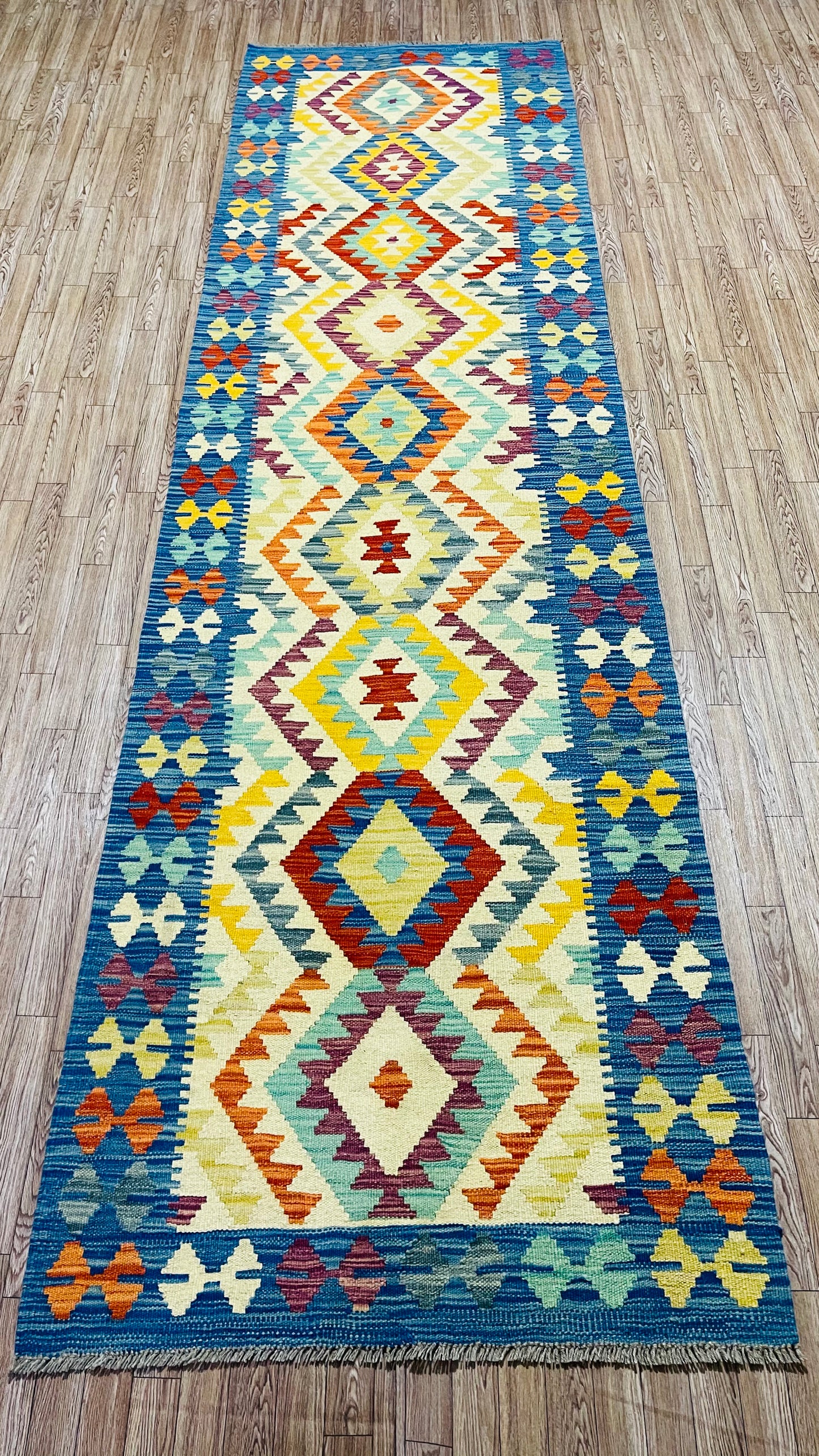 Colorful, Handwoven, Fine Afghan Maimana Kilim - Reversible Runner Rug - 9’ 8’’ x 2’ 9’’