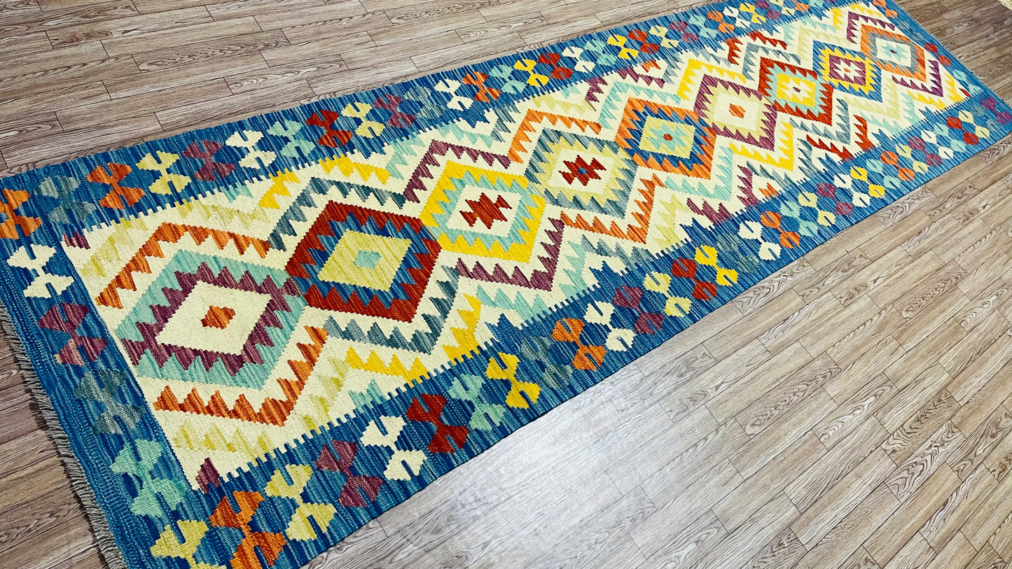 Colorful, Handwoven, Fine Afghan Maimana Kilim - Reversible Runner Rug - 9’ 8’’ x 2’ 9’’