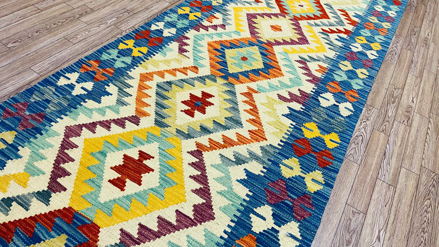 Colorful, Handwoven, Fine Afghan Maimana Kilim - Reversible Runner Rug - 9’ 8’’ x 2’ 9’’