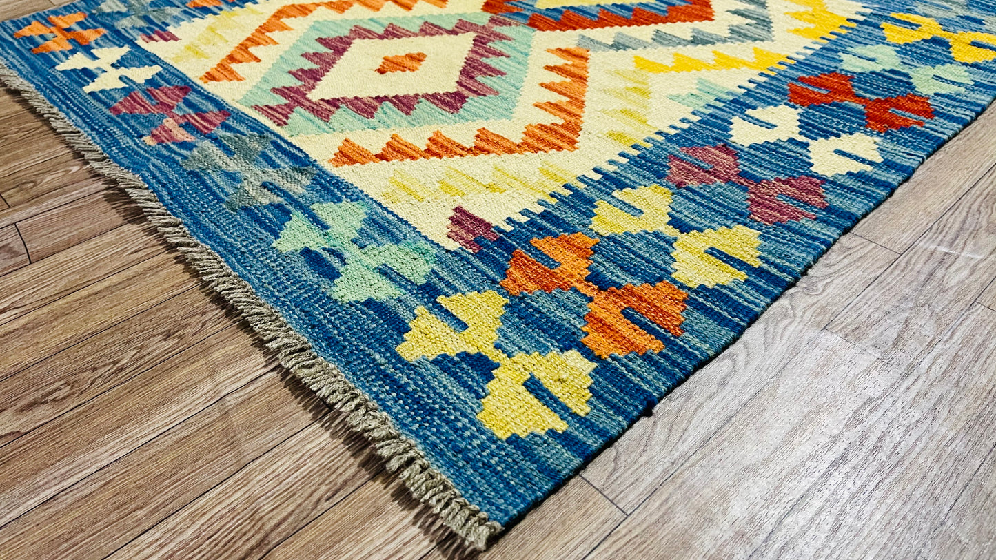 Colorful, Handwoven, Fine Afghan Maimana Kilim - Reversible Runner Rug - 9’ 8’’ x 2’ 9’’