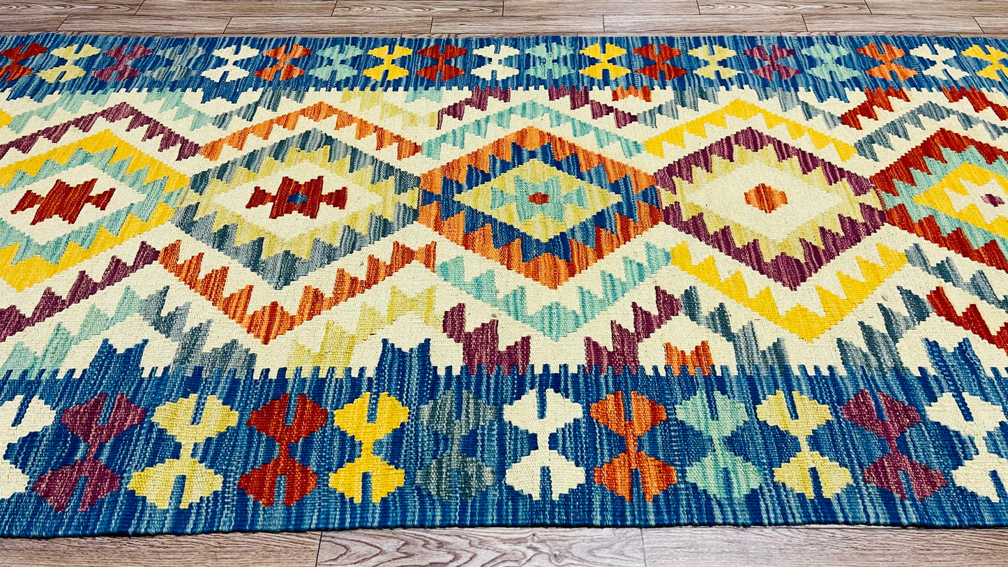 Colorful, Handwoven, Fine Afghan Maimana Kilim - Reversible Runner Rug - 9’ 8’’ x 2’ 9’’