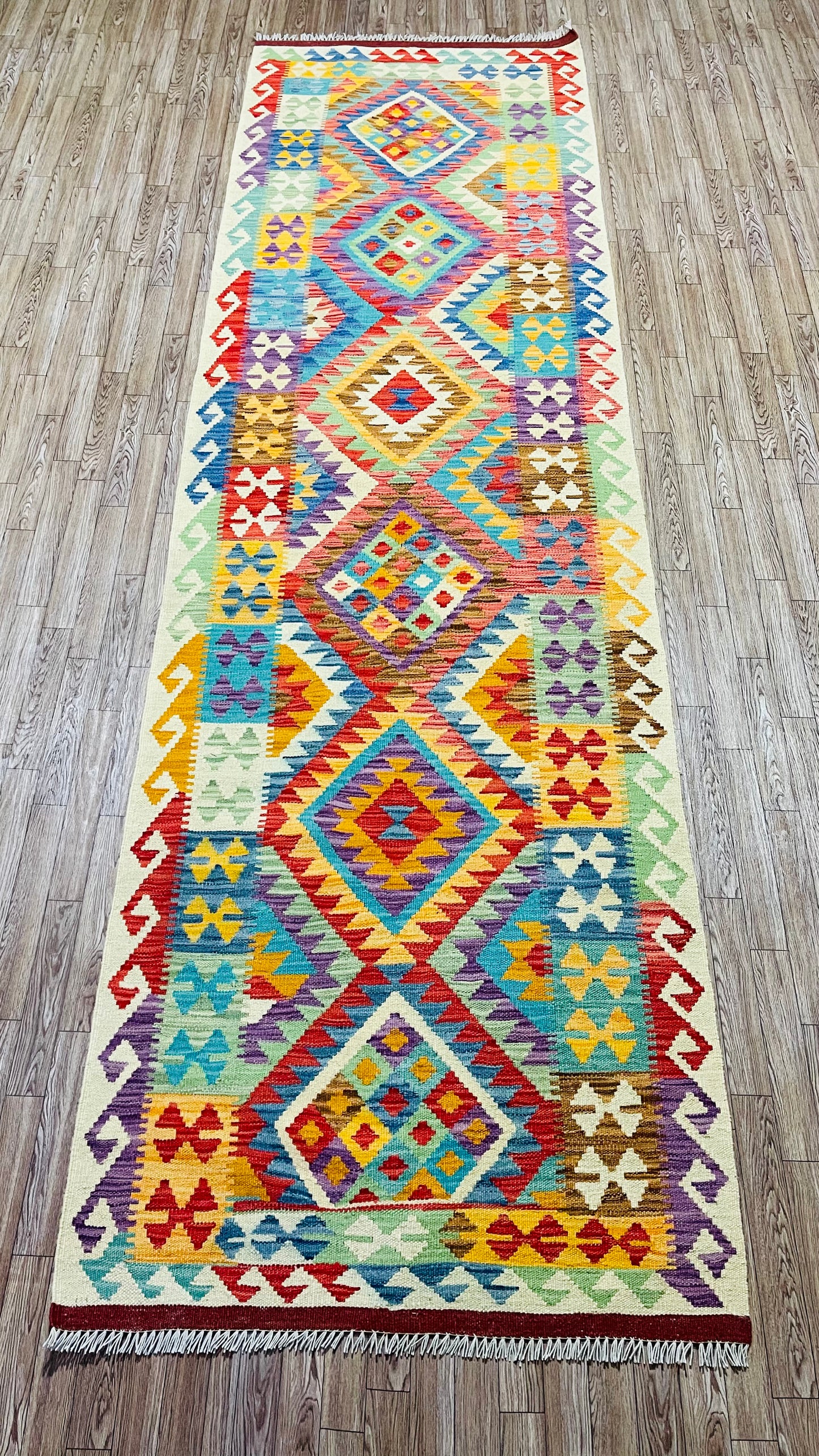 Colorful, Handwoven, Fine Afghan Maimana Kilim - Reversible Runner Rug - 9’ 7’’ x 2’ 9’’