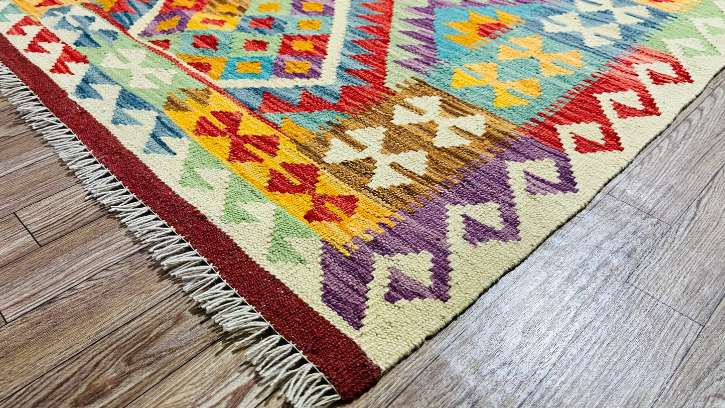 Colorful, Handwoven, Fine Afghan Maimana Kilim - Reversible Runner Rug - 9’ 7’’ x 2’ 9’’