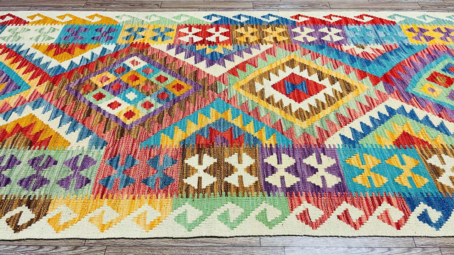 Colorful, Handwoven, Fine Afghan Maimana Kilim - Reversible Runner Rug - 9’ 7’’ x 2’ 9’’