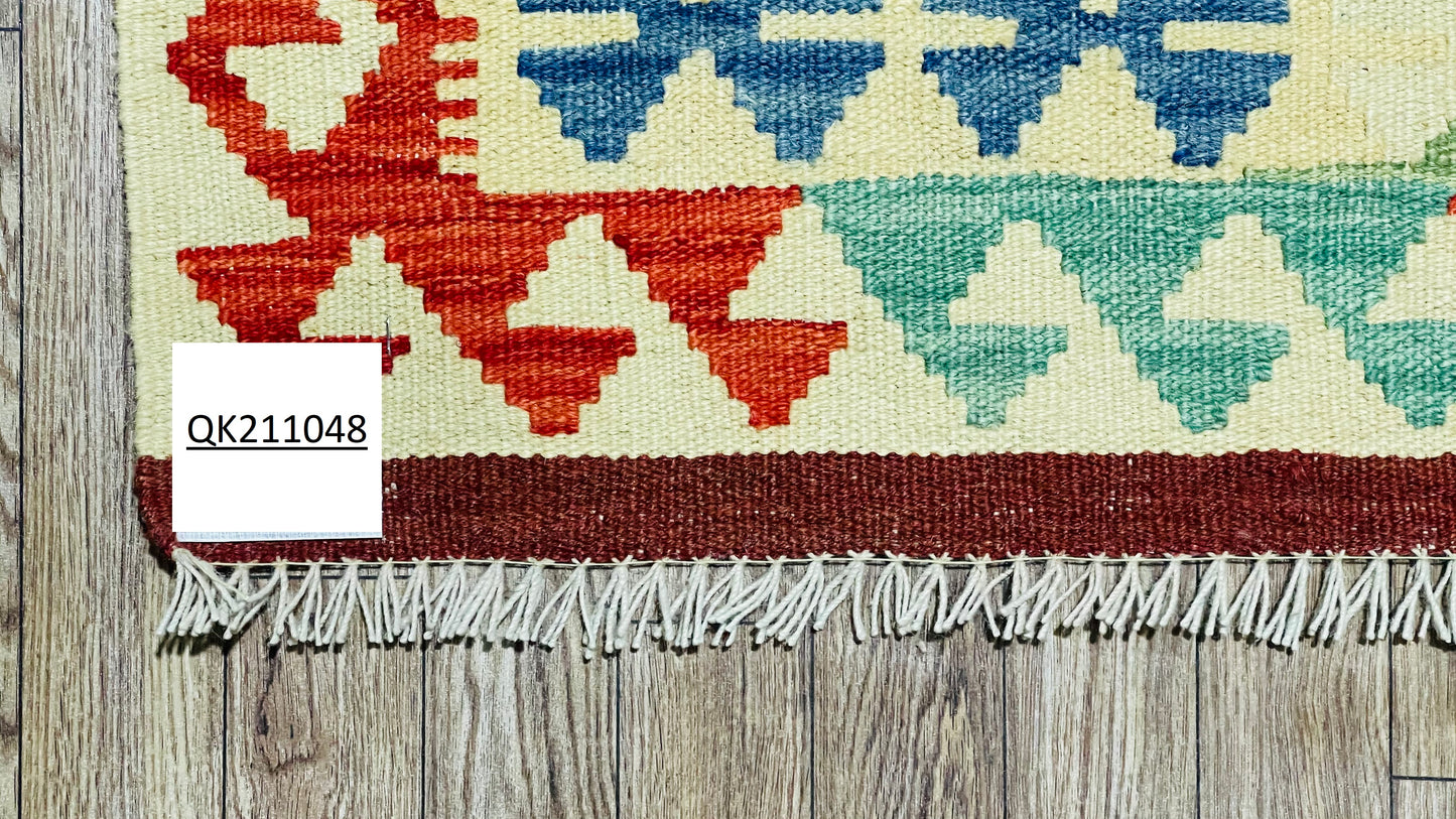 Colorful, Handwoven, Fine Afghan Maimana Kilim - Reversible Runner Rug - 9’ 7’’ x 2’ 9’’