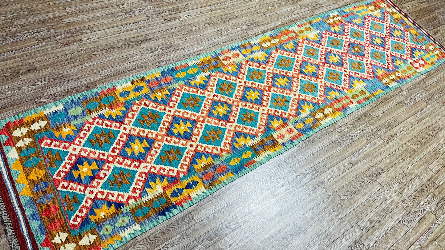 Colorful, Handwoven, Fine Afghan Maimana Kilim - Reversible Runner Rug - 9’ 10’’ x 2’ 5’’