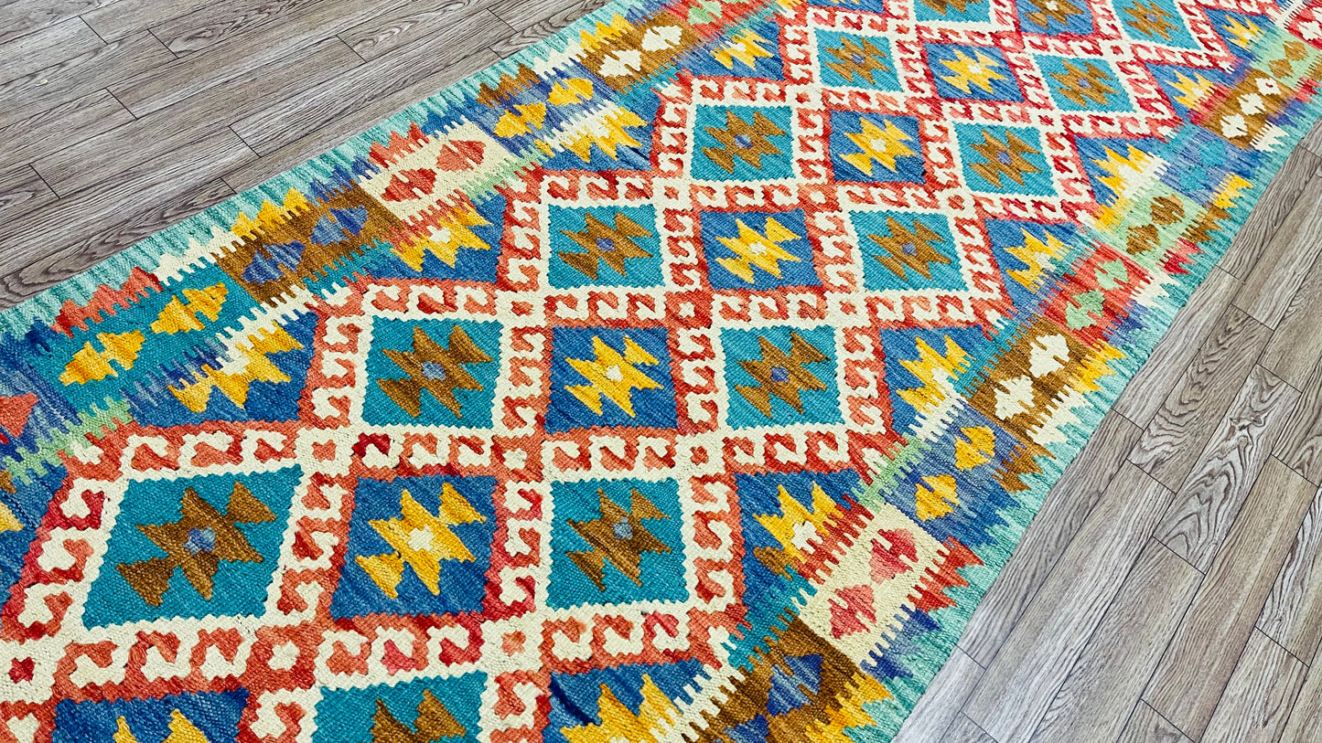 Colorful, Handwoven, Fine Afghan Maimana Kilim - Reversible Runner Rug - 9’ 10’’ x 2’ 5’’