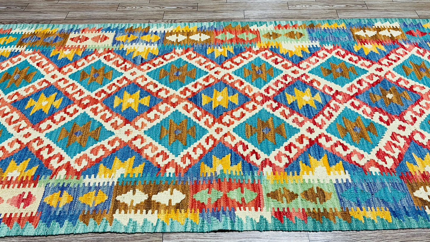 Colorful, Handwoven, Fine Afghan Maimana Kilim - Reversible Runner Rug - 9’ 10’’ x 2’ 5’’