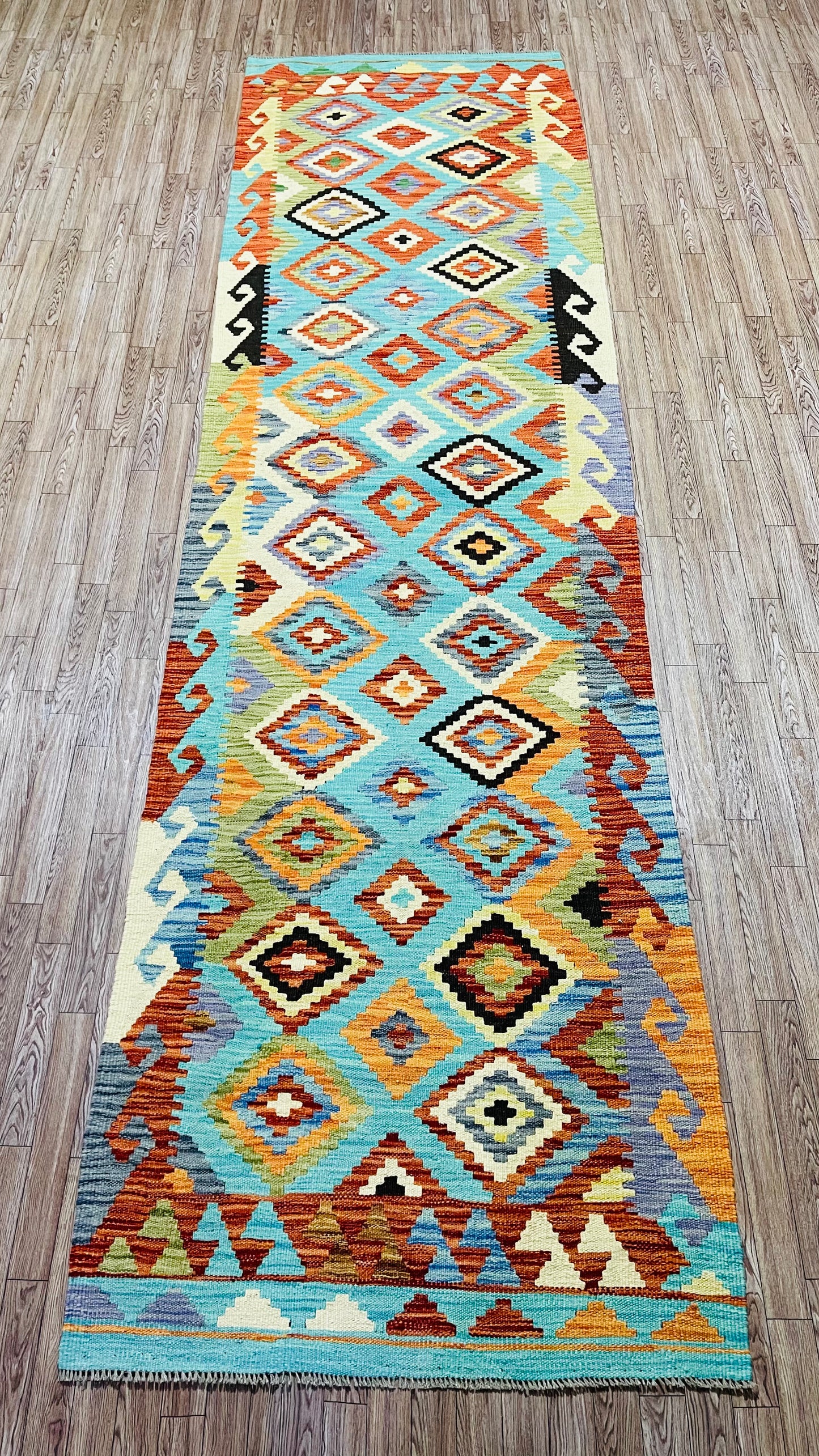 Colorful, Handwoven, Fine Afghan Maimana Kilim - Reversible Runner Rug - 9’ 10’’ x 2’ 8’’