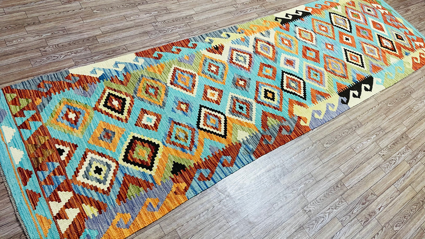 Colorful, Handwoven, Fine Afghan Maimana Kilim - Reversible Runner Rug - 9’ 10’’ x 2’ 8’’