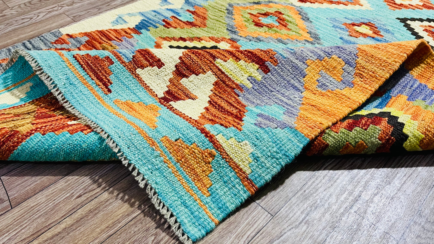 Colorful, Handwoven, Fine Afghan Maimana Kilim - Reversible Runner Rug - 9’ 10’’ x 2’ 8’’