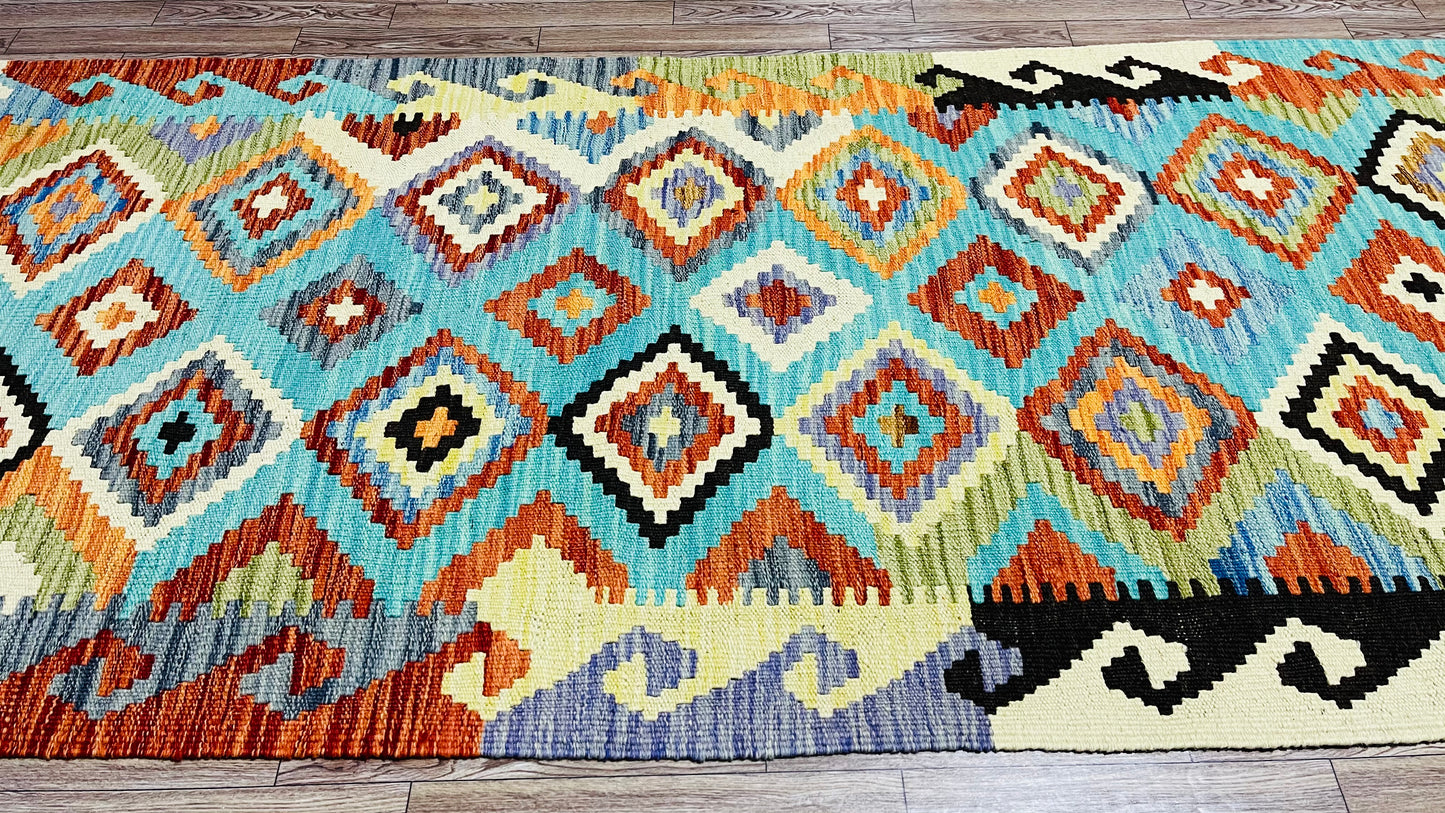 Colorful, Handwoven, Fine Afghan Maimana Kilim - Reversible Runner Rug - 9’ 10’’ x 2’ 8’’