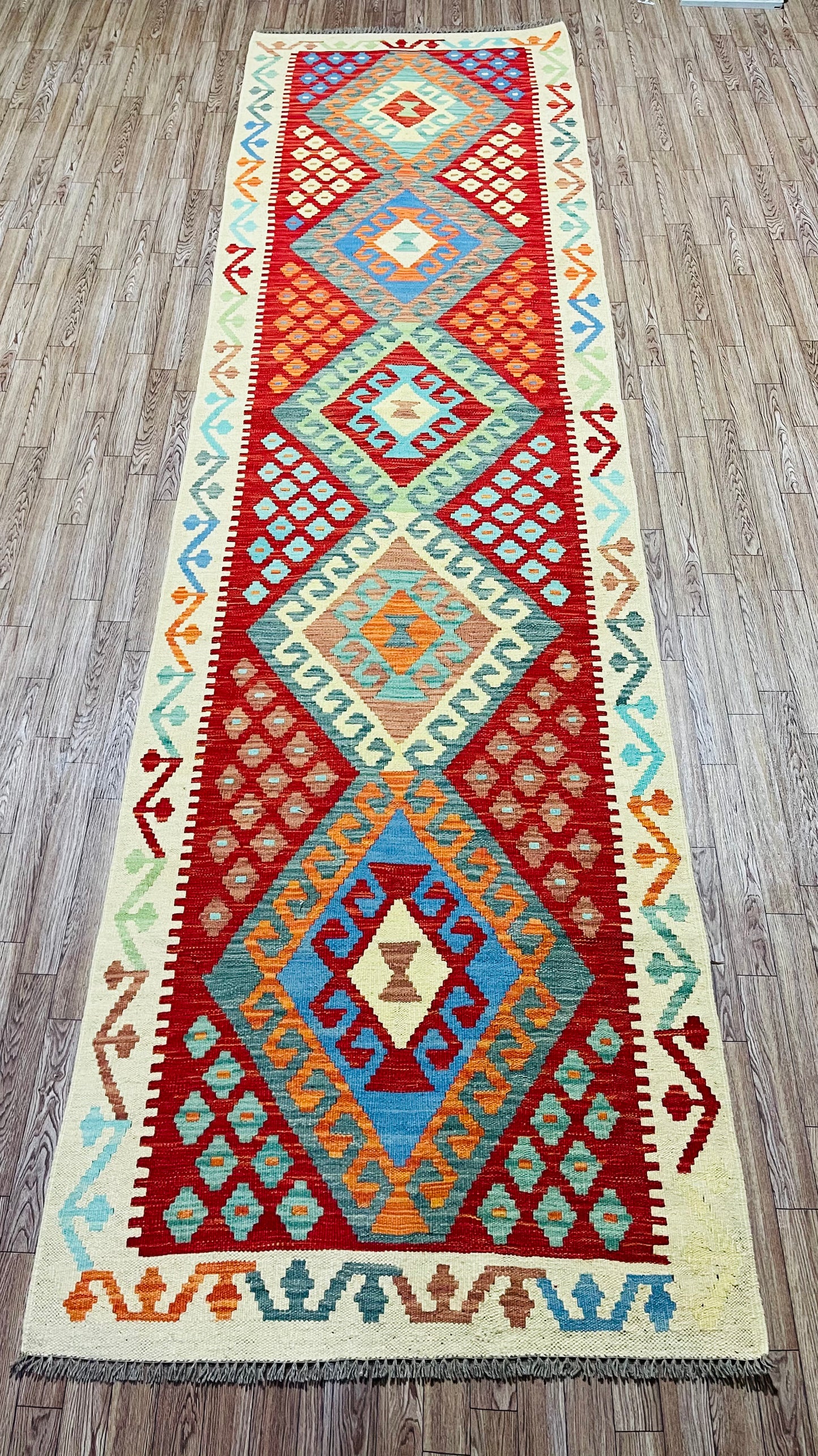 Colorful, Handwoven, Fine Afghan Maimana Kilim - Reversible Runner Rug - 9’ 11’’ x 2’ 8’’