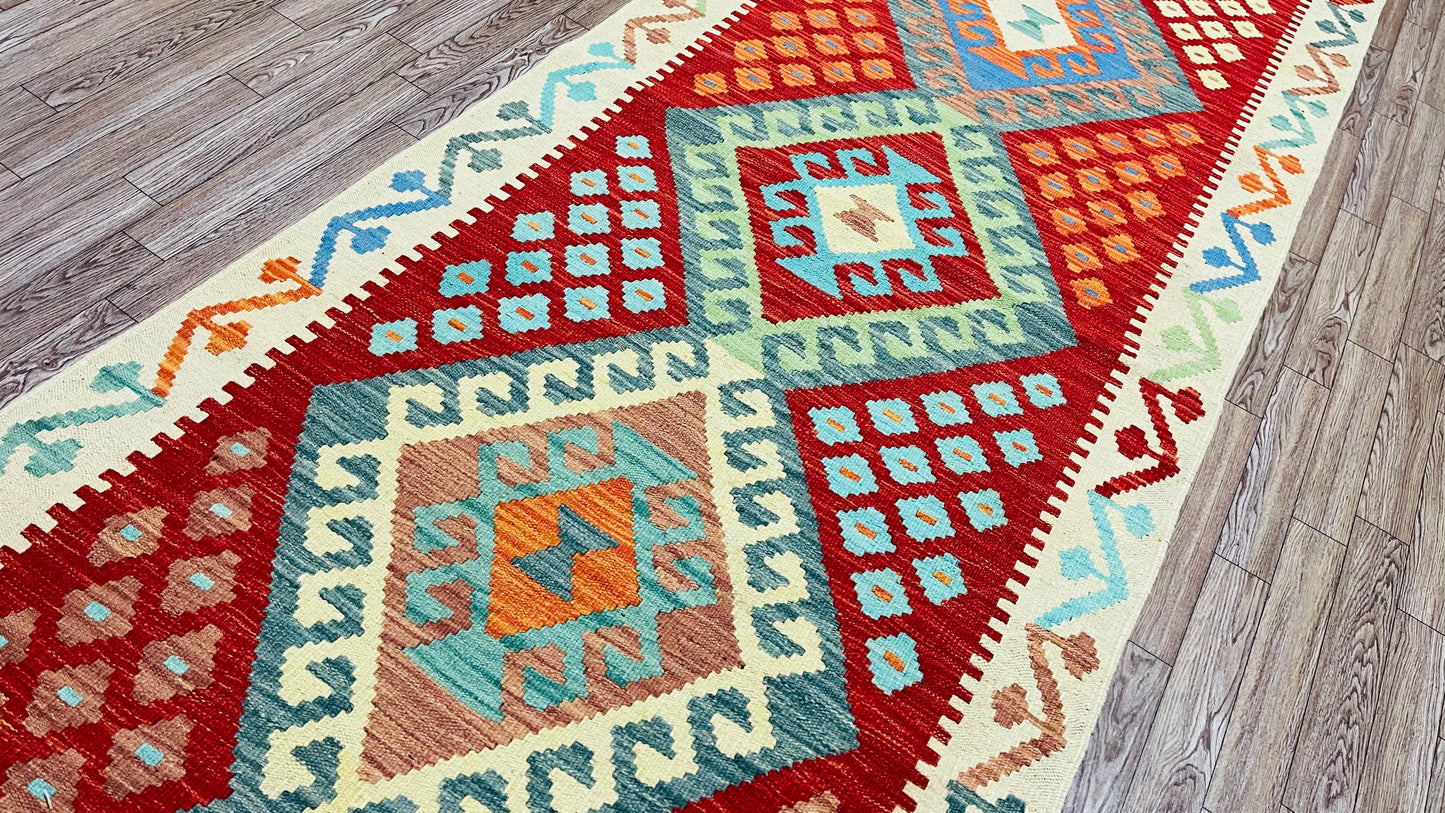 Colorful, Handwoven, Fine Afghan Maimana Kilim - Reversible Runner Rug - 9’ 11’’ x 2’ 8’’