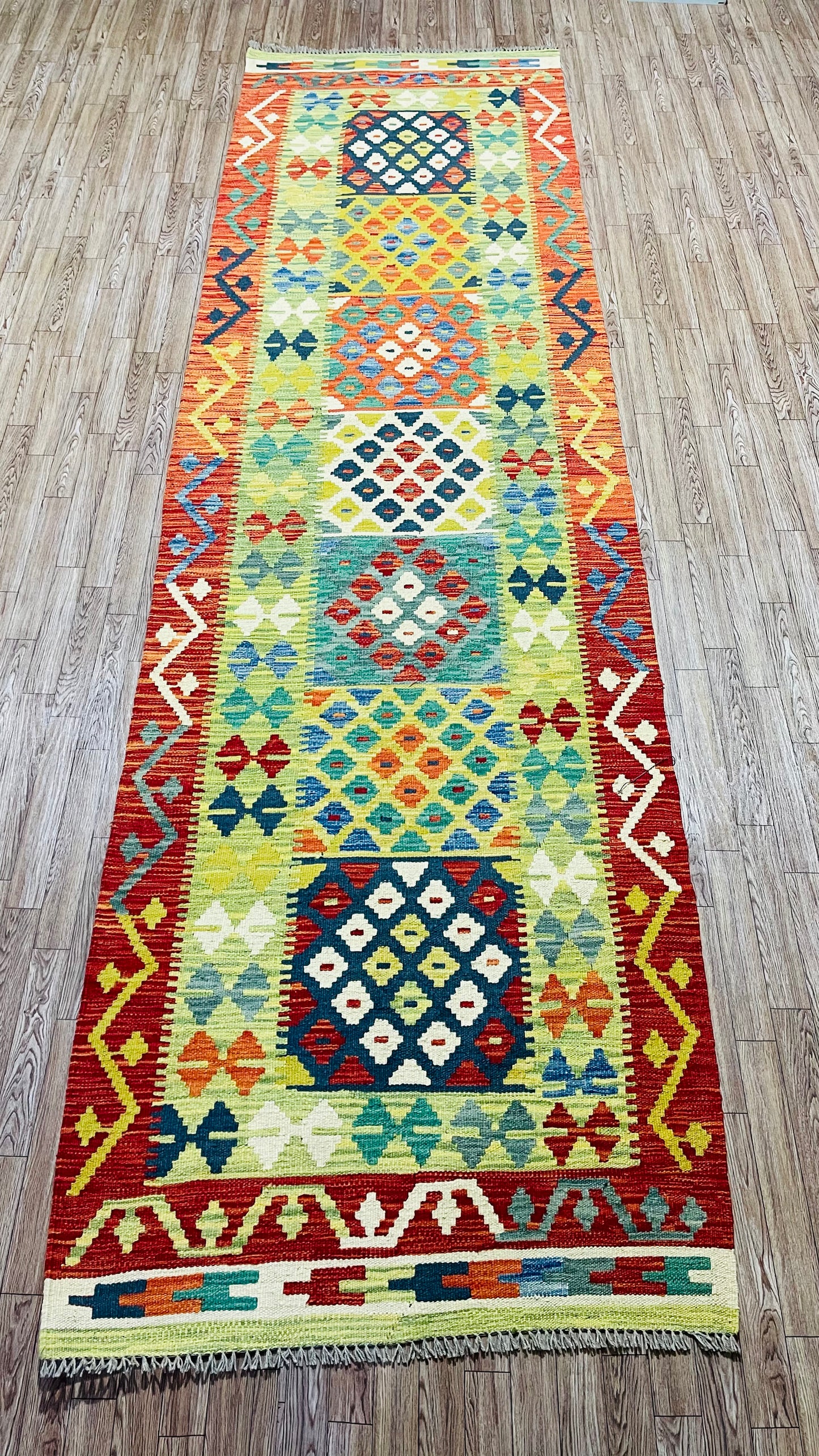 Colorful, Handwoven, Fine Afghan Maimana Kilim - Reversible Runner Rug - 9’ 11’’ x 2’ 9’’