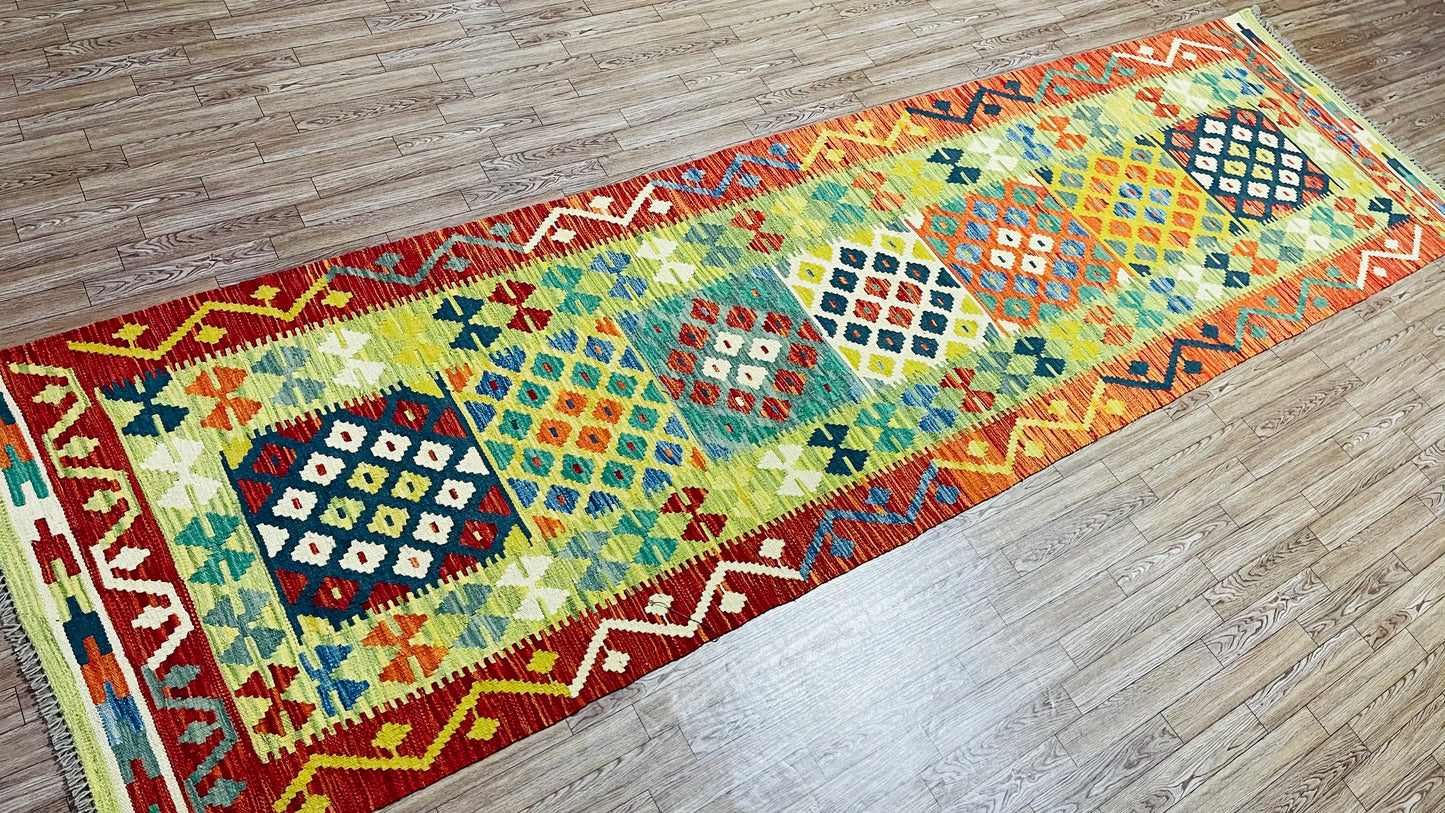 Colorful, Handwoven, Fine Afghan Maimana Kilim - Reversible Runner Rug - 9’ 11’’ x 2’ 9’’