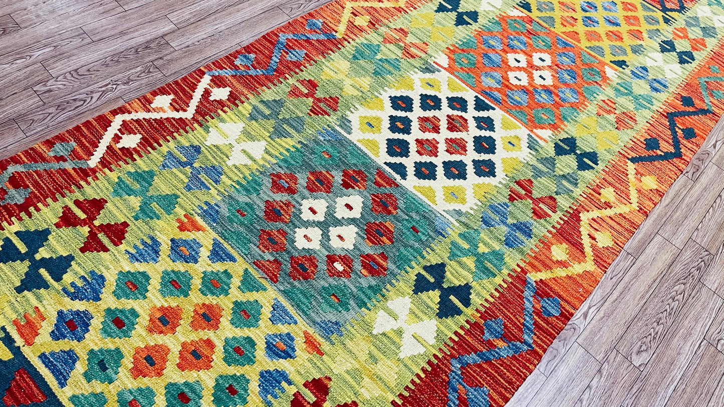 Colorful, Handwoven, Fine Afghan Maimana Kilim - Reversible Runner Rug - 9’ 11’’ x 2’ 9’’