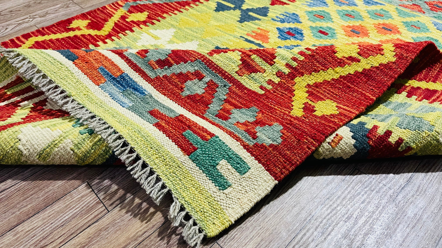 Colorful, Handwoven, Fine Afghan Maimana Kilim - Reversible Runner Rug - 9’ 11’’ x 2’ 9’’