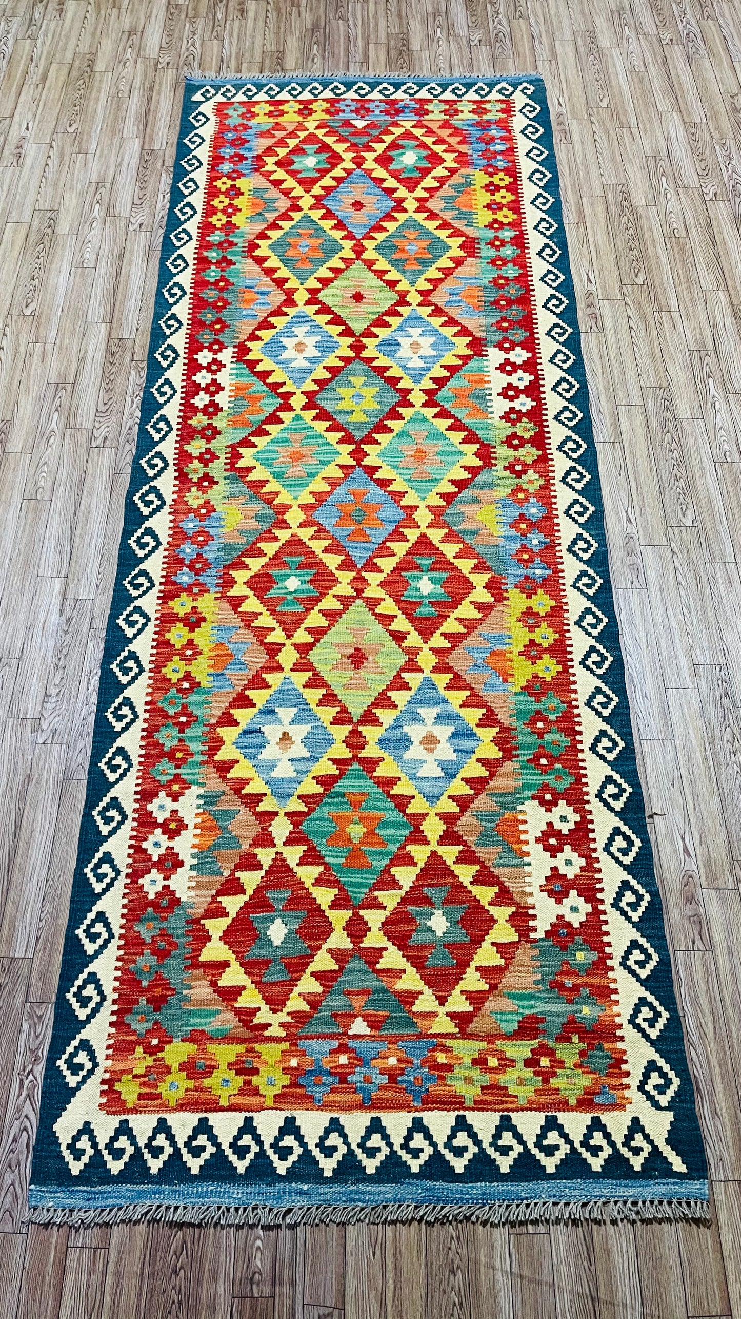 Colorful, Handwoven, Fine Afghan Maimana Kilim - Reversible Runner Rug - 8’ 0’’ x 2’ 10’’