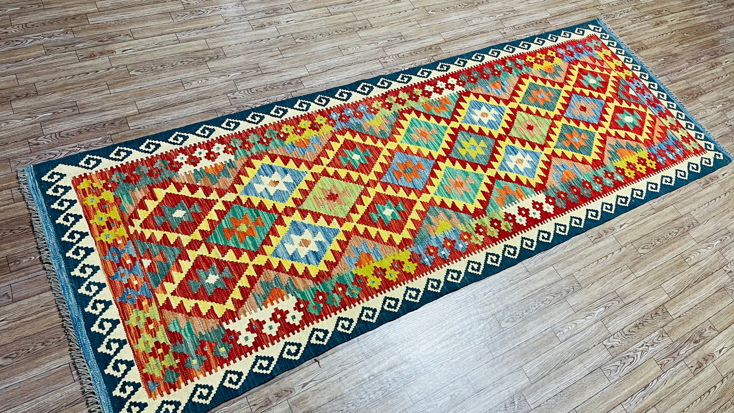 Colorful, Handwoven, Fine Afghan Maimana Kilim - Reversible Runner Rug - 8’ 0’’ x 2’ 10’’